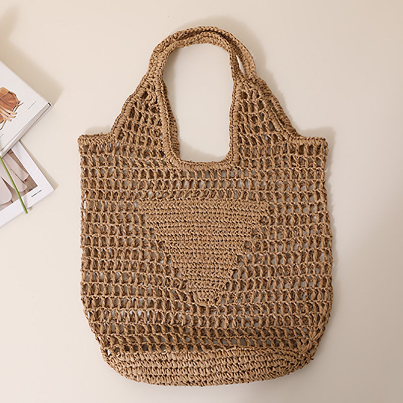 Solid Color Hollow Out Woven Handbag
