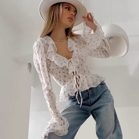 Flounce Print V-Neck Sexy String Tie Top