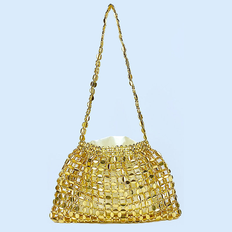 Beaded Woven Shoulder Tote Bag