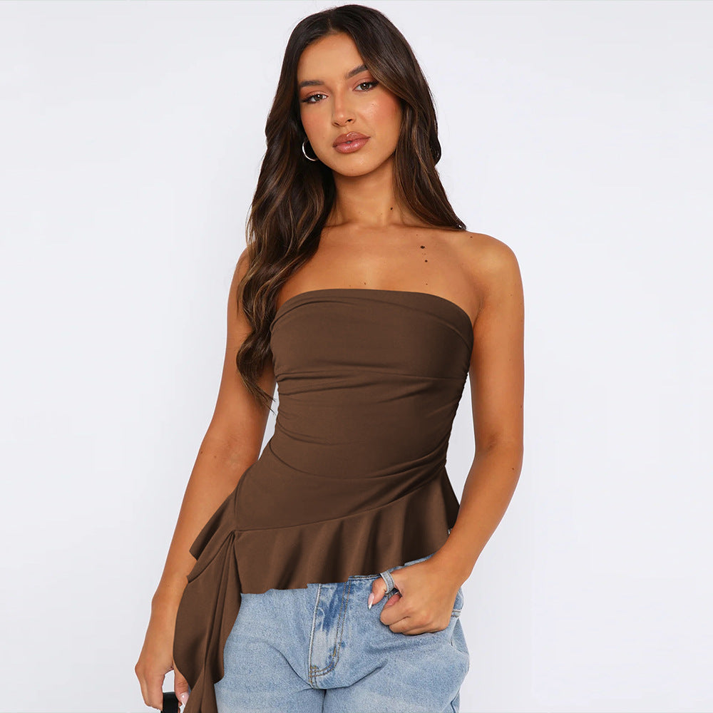 Solid Sexy Flounce Strapless Slim Top