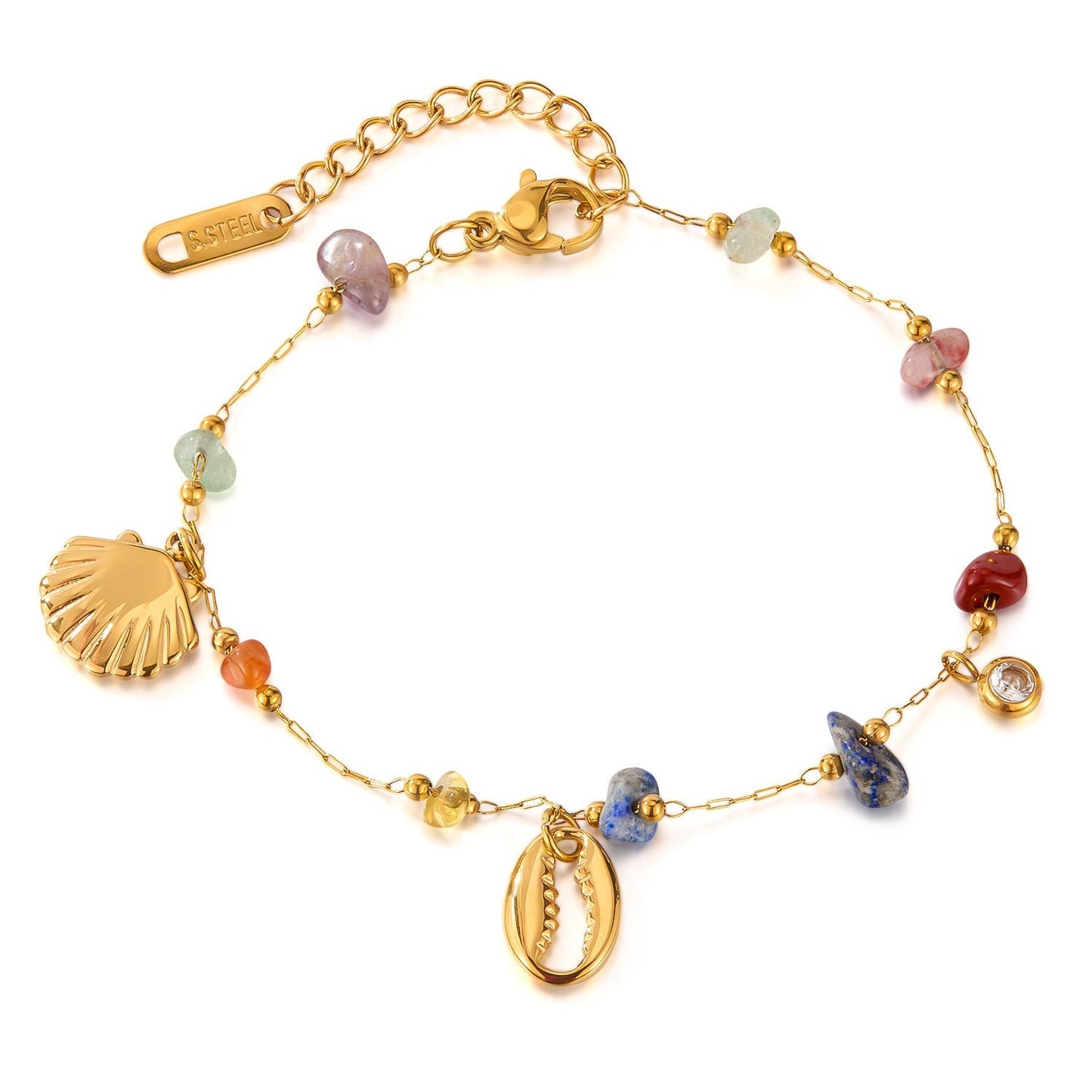 Colorful Stone Shell Pendant Zirconia Chain Bracelet