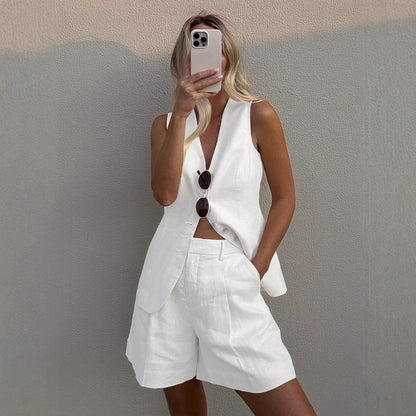 Solid Color Casual Vest and Shorts Sets