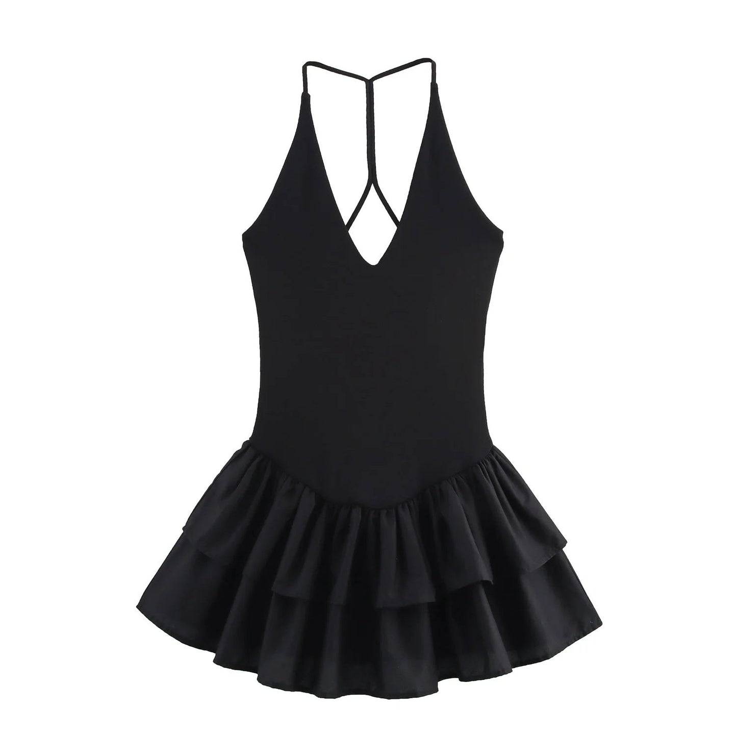 Trendy Solid Color Ruffle Hem Halter Dress