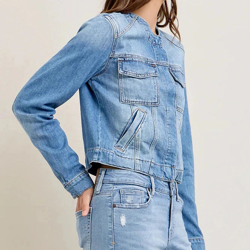 Vintage Crew Neck Denim Cropped Jacket