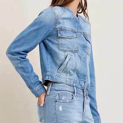 Vintage Crew Neck Denim Cropped Jacket