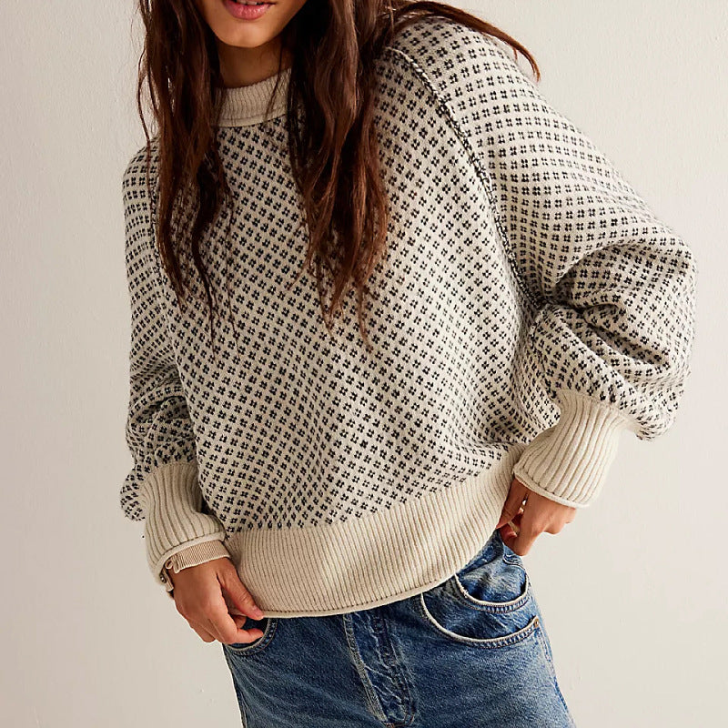 Simple Jacquard Round Neck Pullover Sweater