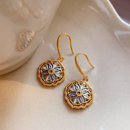 Vintage Gold Enamel Floral Hook Earrings