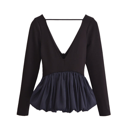 Minimalist V-Neck Backless Ruffle Hem Top