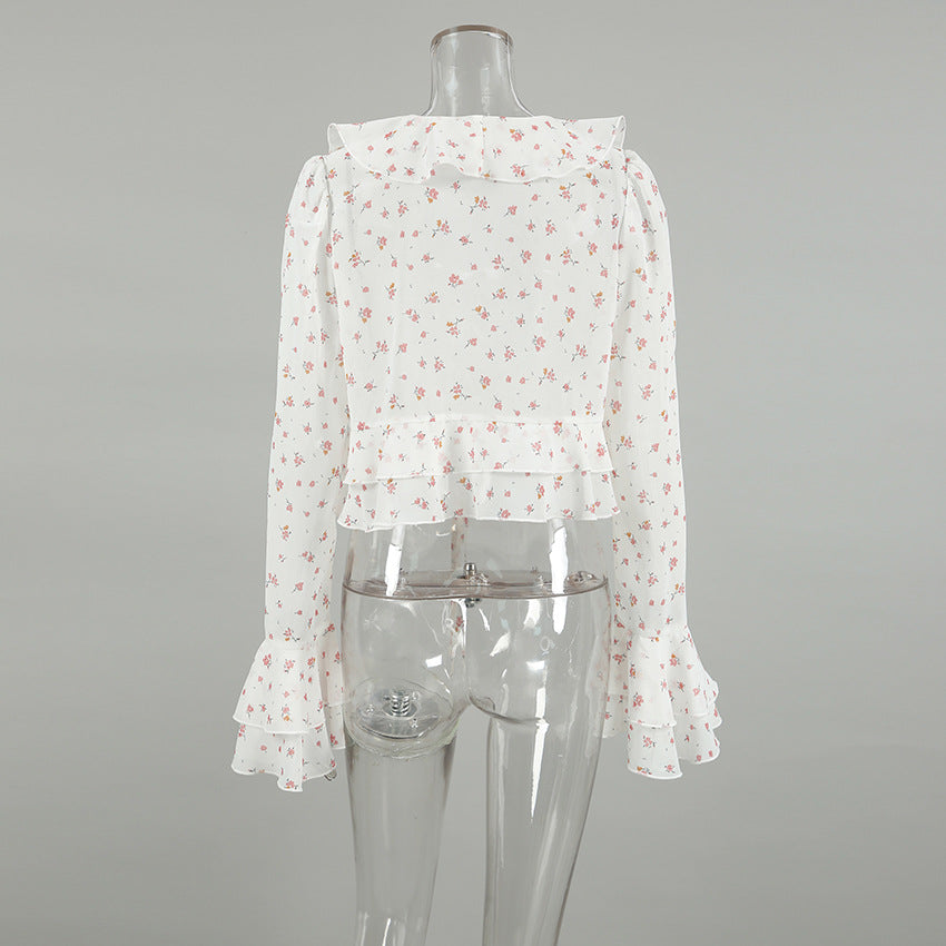 Flounce Print V-Neck Sexy String Tie Top