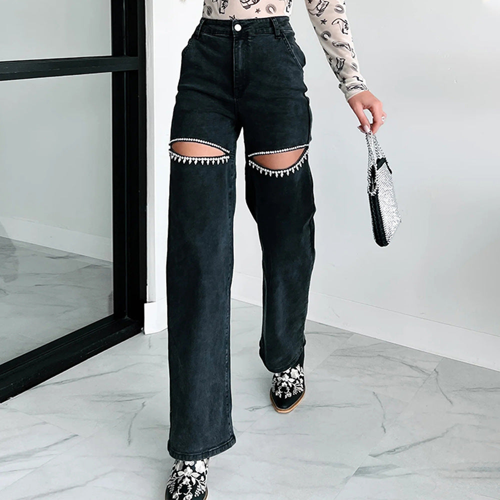 Trendy Ripped Rhinestone Stud Staight Leg Jeans