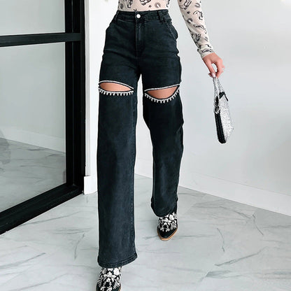 Trendy Ripped Rhinestone Stud Staight Leg Jeans