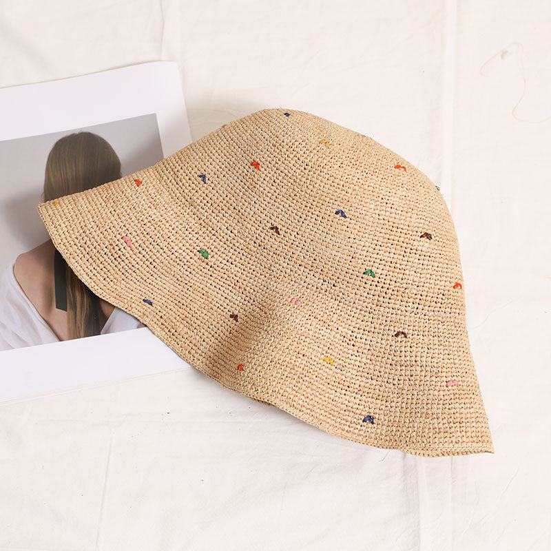 Simple Colorful Dots Raffia Straw Bucket Hat
