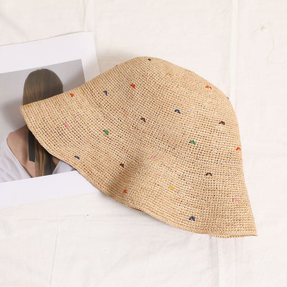 Simple Colorful Dots Raffia Straw Bucket Hat