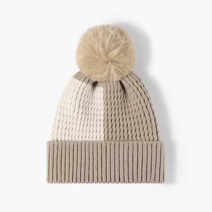 Contrast Color Warm Knit Pom Beanie