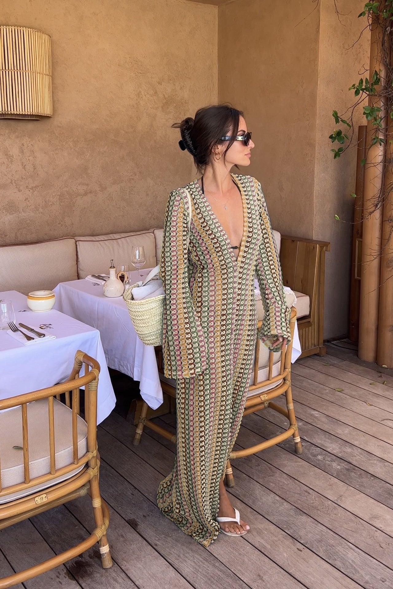 Hollow Out V-Neck Split Slim Sexy Cover Up