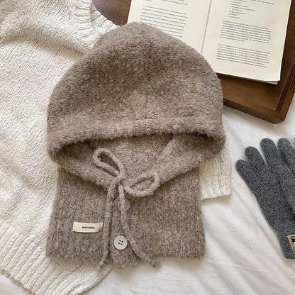 Solid Color Button One-Piece Hat & Scarf