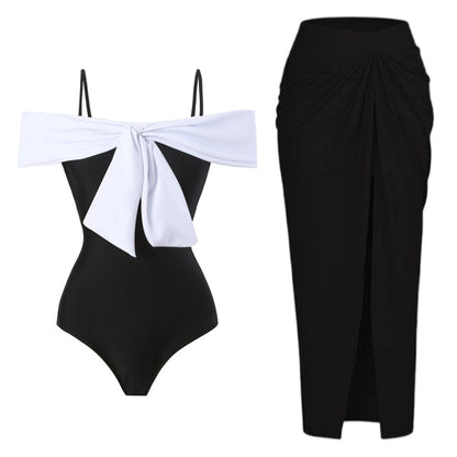 Color Block Bow Swimwear with Mesh Cover