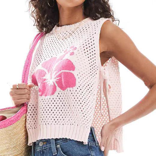 Elegant Floral Jacquard Sleeveless Knit Vest Top