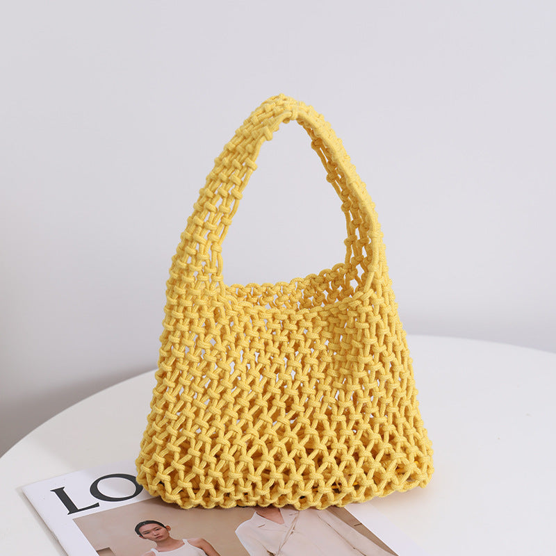Solid Color Hollow Out Woven Handbag
