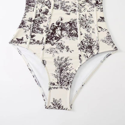 Vintage Print Slim Fit Swimwear with Cover Dress