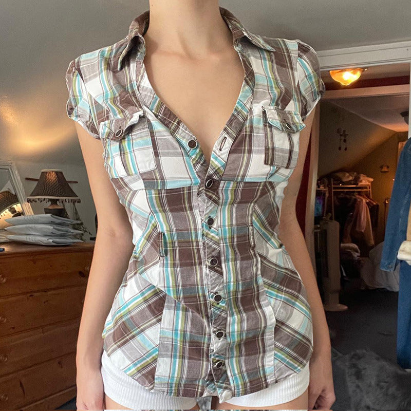 Vintage Plaid V-Neck Short Sleeve Shirt
