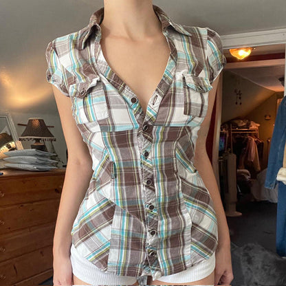 Vintage Plaid V-Neck Short Sleeve Shirt
