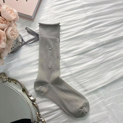 Bow Rhinestone Ruffle Thin Socks