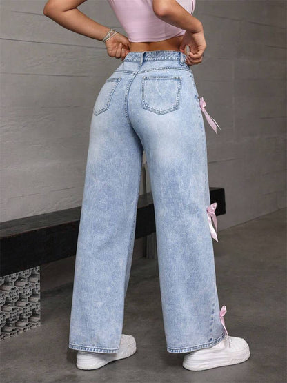 Bow Decoration Washed Street Straight Leg Jeans