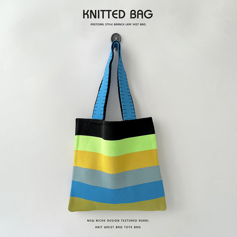 Rainbow Splice Color Block Knit Tote Bag