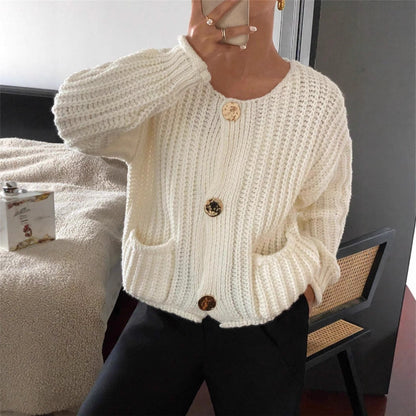 Round Neck Loose Long Sleeve Knit Cardigan