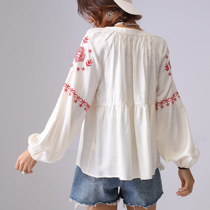 Flower Embroidered V-Neck String Top