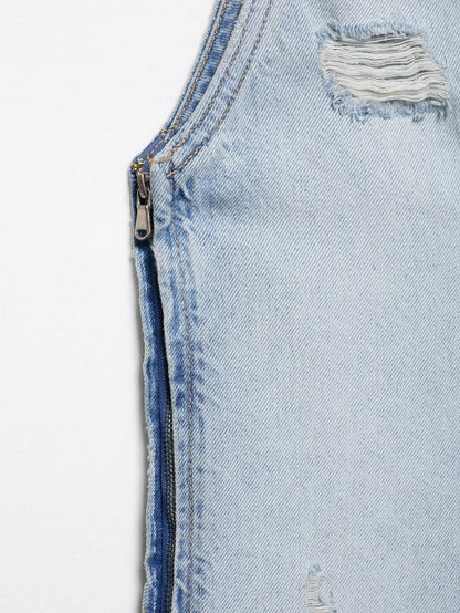 Ripped Washed Sleeveless V-Neck Denim Midi Dresses