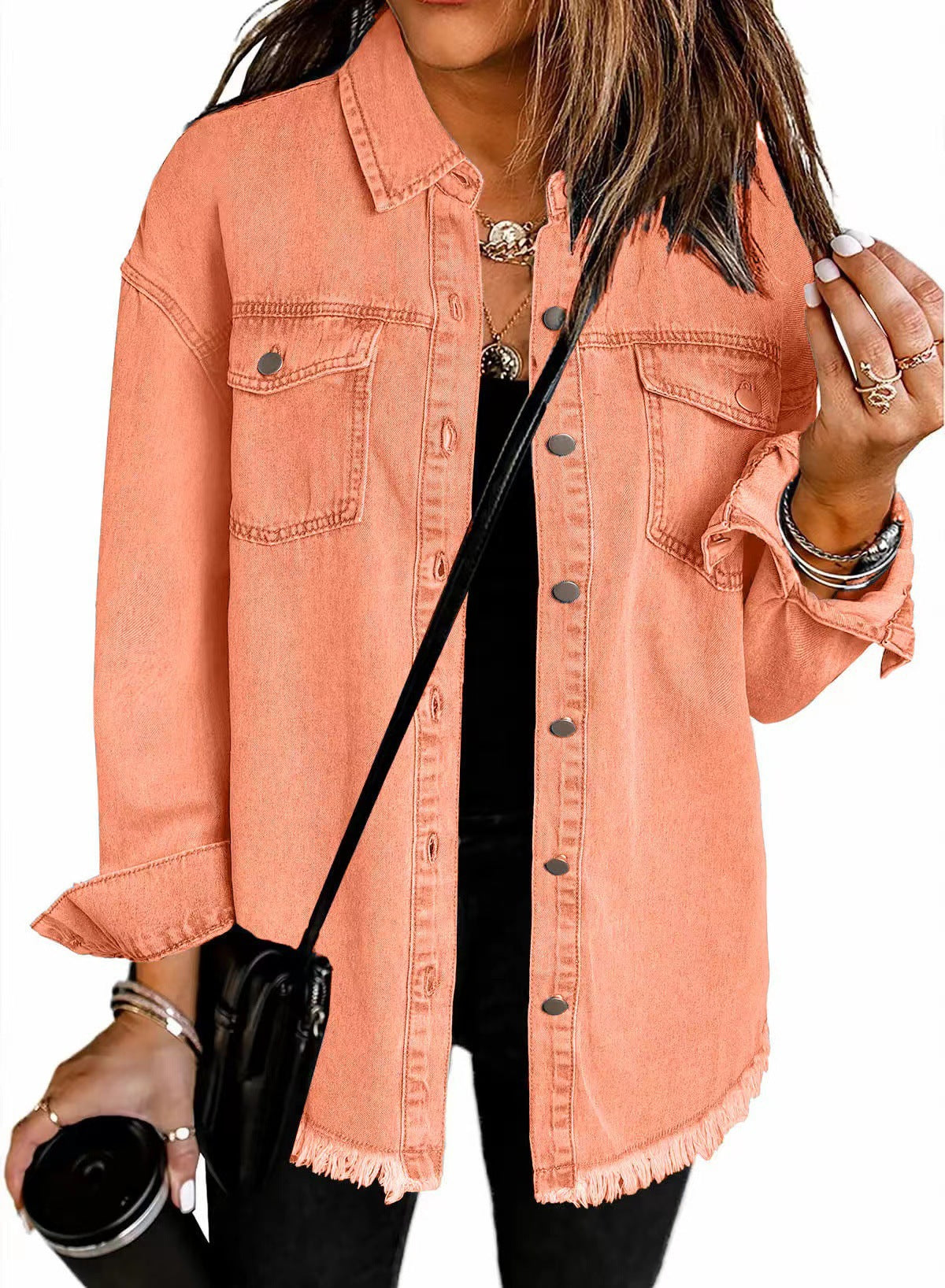 Trendy Washed Long Sleeve Frayed Hem Jacket
