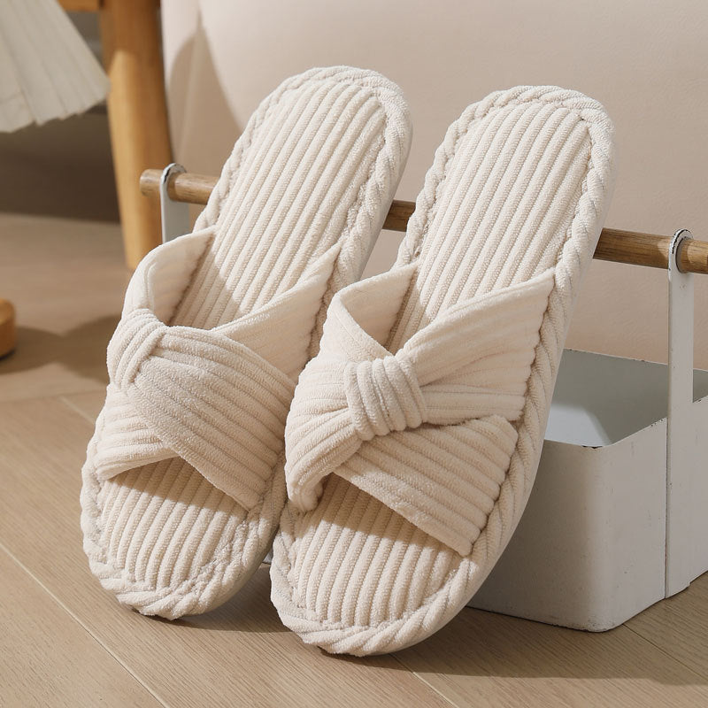 Cozy Corduroy Crossed Bow Indoor Slippers