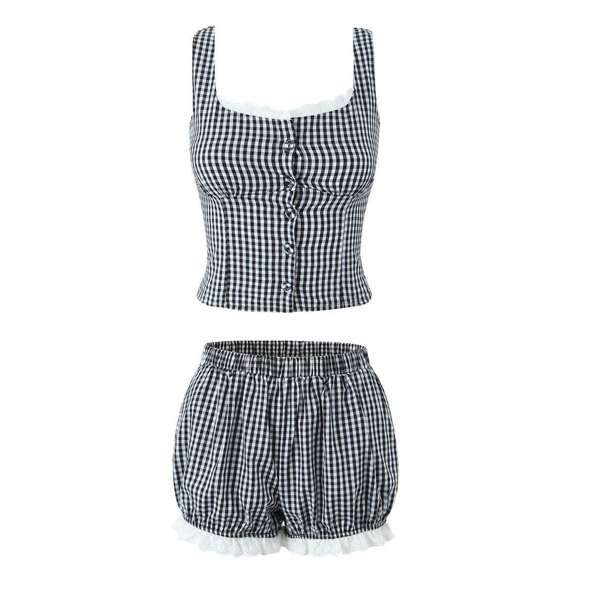 Cute Lace Trim Cami Pleated Bubble Shorts Set