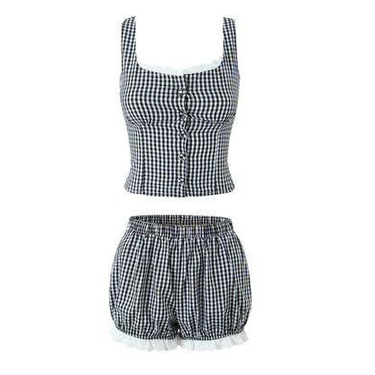 Cute Lace Trim Cami Pleated Bubble Shorts Set