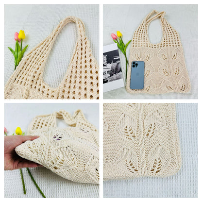 Solid Color Hollow Out Knit Shoulder Tote Bag