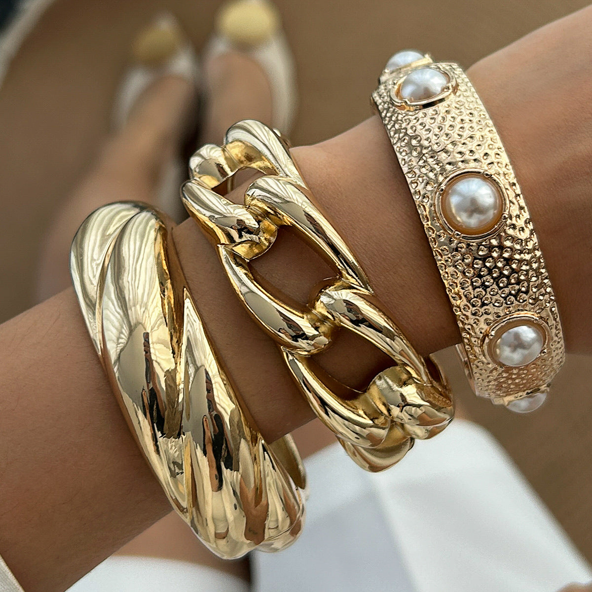 Thick Gold Irregular Twisted Bangle Bracelets