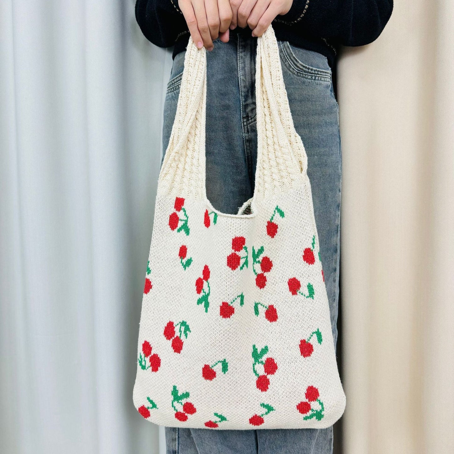 Cherry Print Cute Shoulder Bag Knit Tote Bag