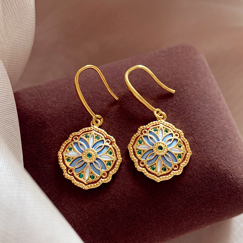 Vintage Gold Enamel Floral Hook Earrings