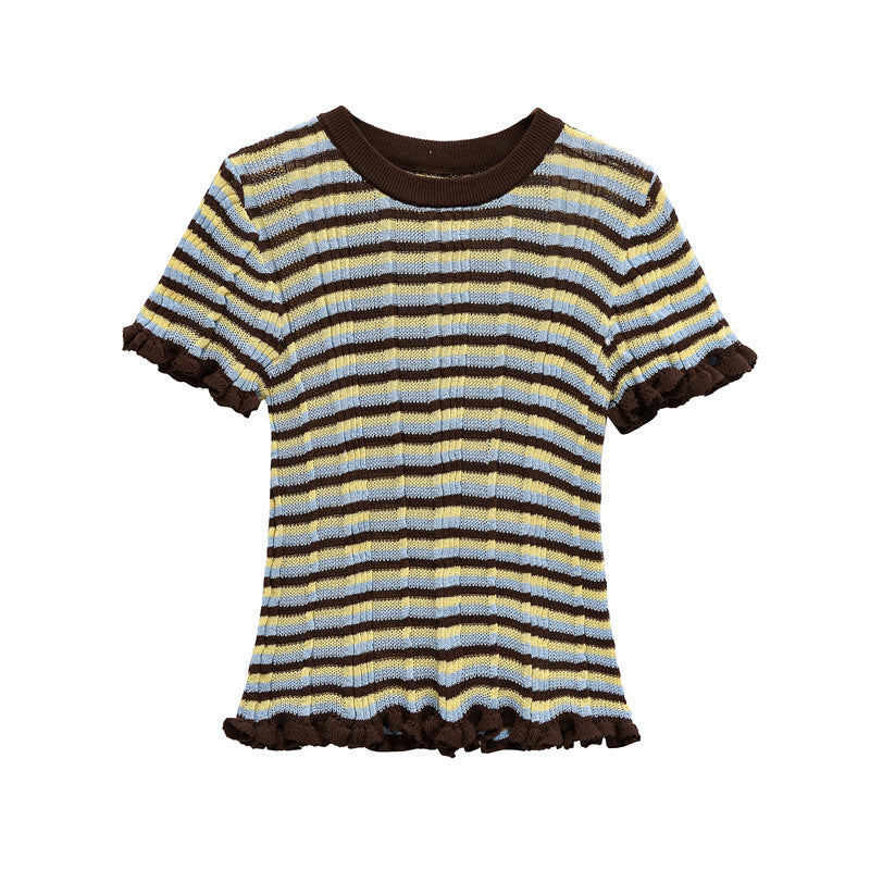 Casual Solid Color Crew Neck Striped Top
