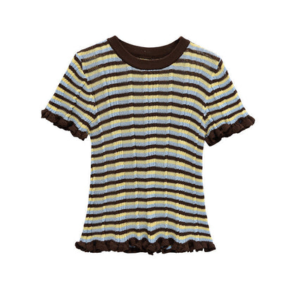 Casual Solid Color Crew Neck Striped Top