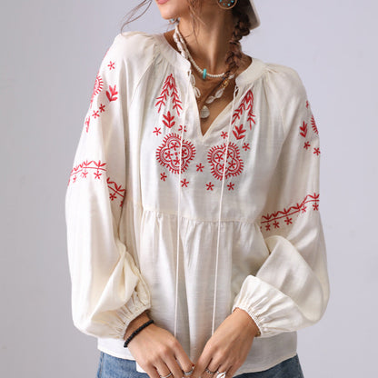 Flower Embroidered V-Neck String Top