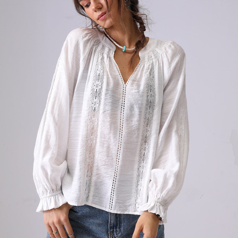 Lace Splicing Ruffle V-Neck Pullover Top