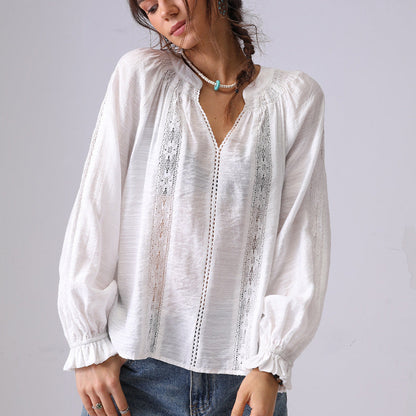 Lace Splicing Ruffle V-Neck Pullover Top