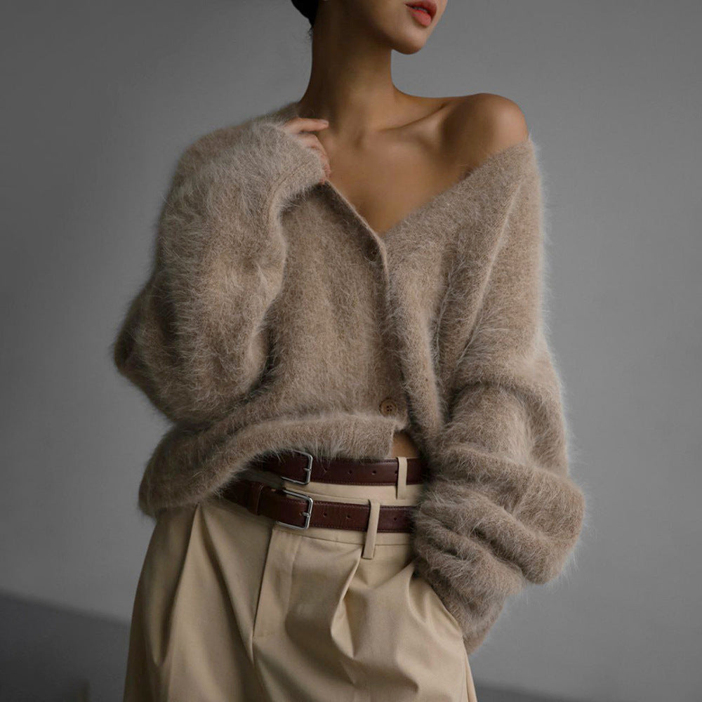 V-Neck Loose Mohair Sweater Cardigan