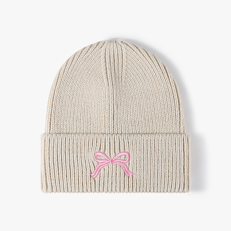 Cute Bow Embroidery Cuffed Thicken Knit Beanie