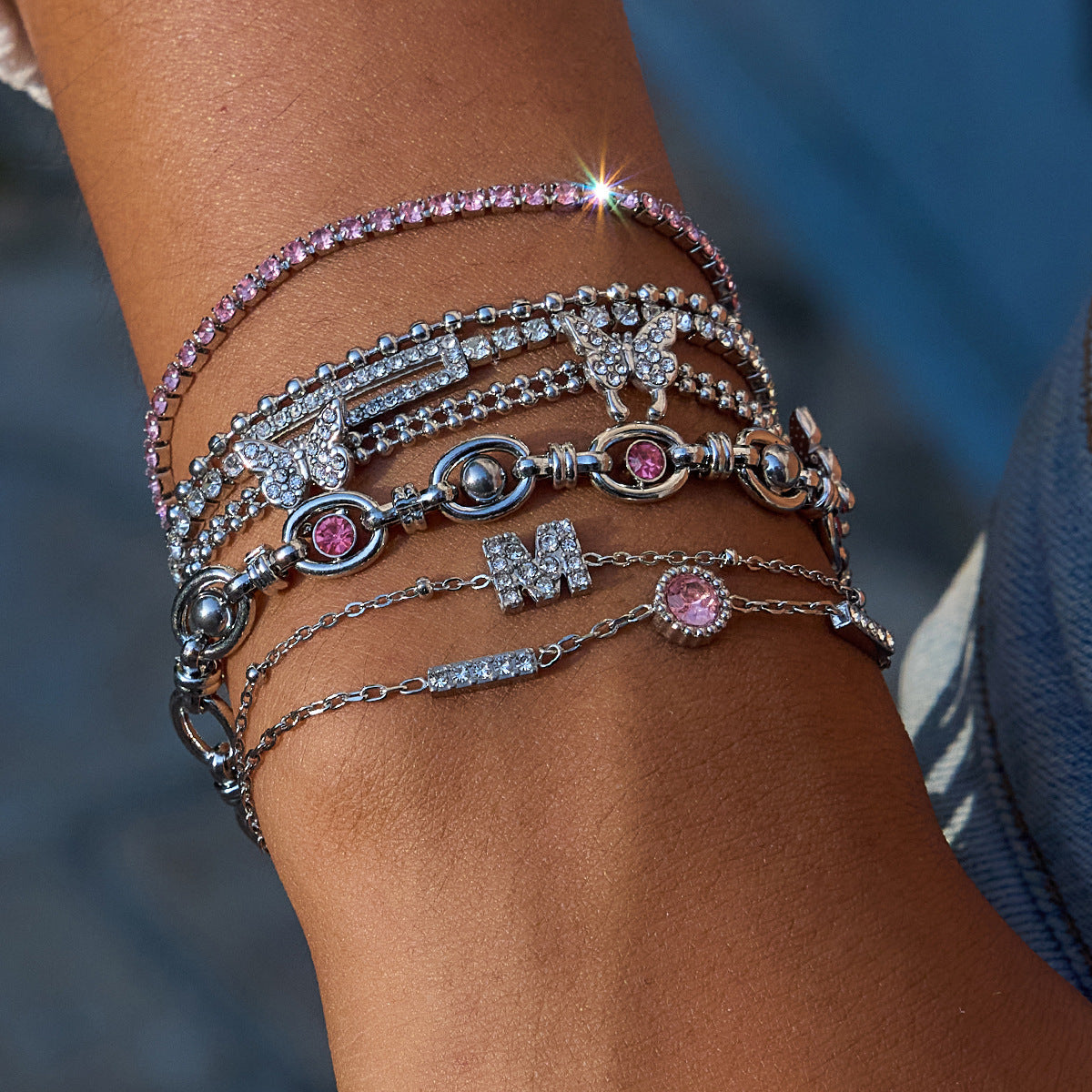 Stainless Steel Charm Linked Chain Strand Bracelet