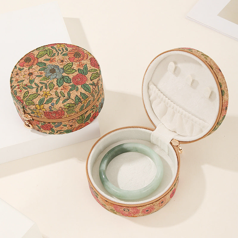 Vintage Flower Print Round Wooden Jewelry Case