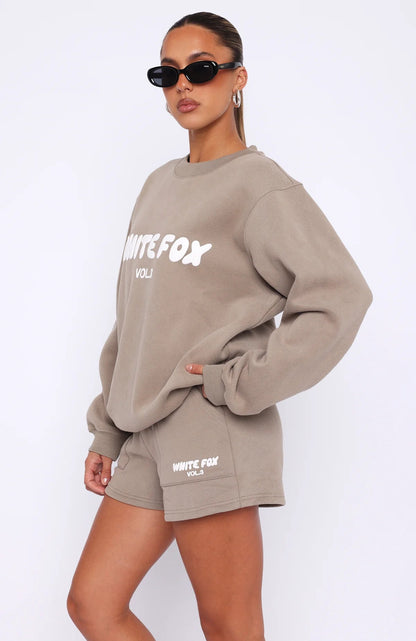 Letter Print Loose Sweatshirt Short Casual Set